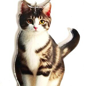 Gray White Tabby Cat Keychain 2D Acrylic Kitty Key Ring Purse Backpack Charm